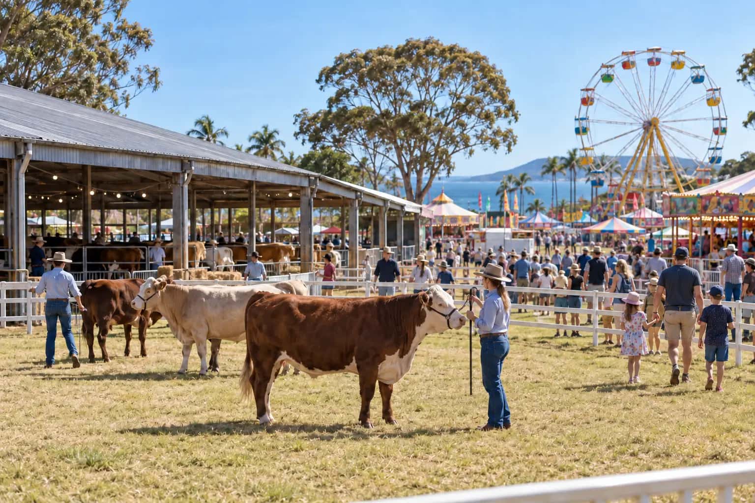 Cattle being led in a show ring with sideshow rides and a ferris wheel behind