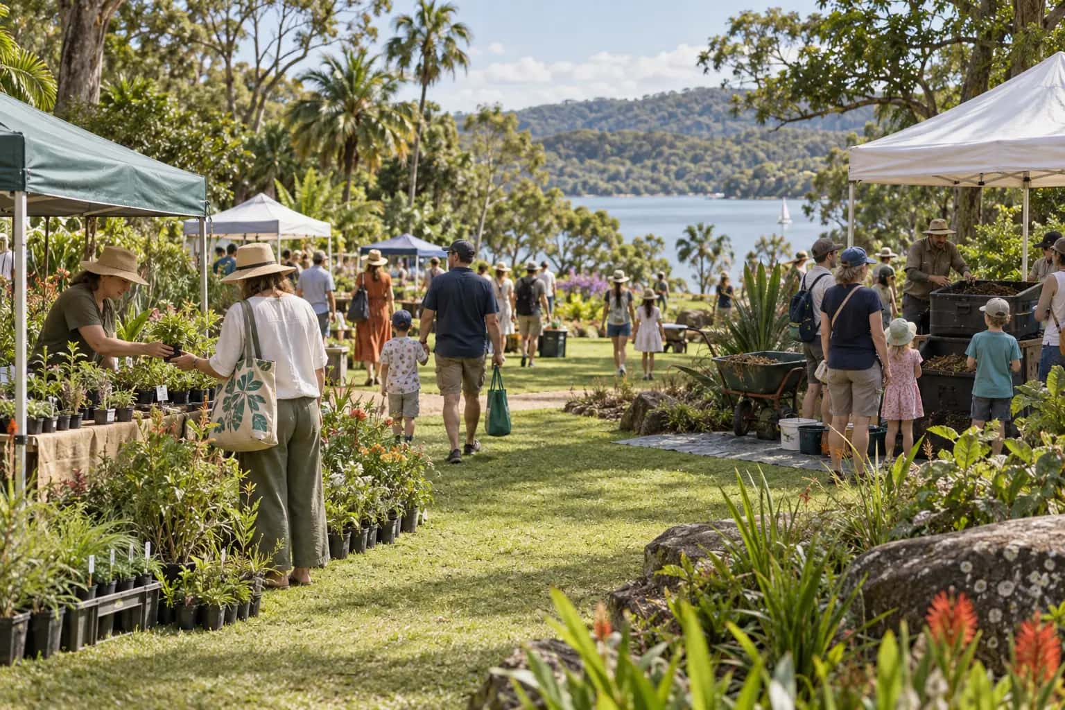 Native plant stalls and a workshop under a gazebo at a garden sustainability fair
