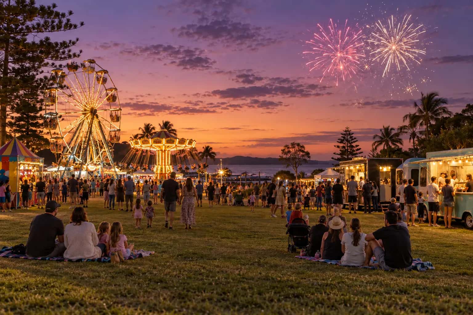 Families on the grass at a festival at dusk with lit rides and fireworks