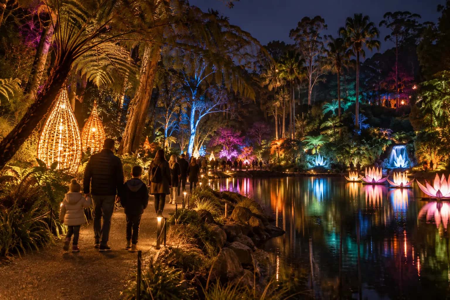 Glowing light installations among trees and ferns in a garden at night