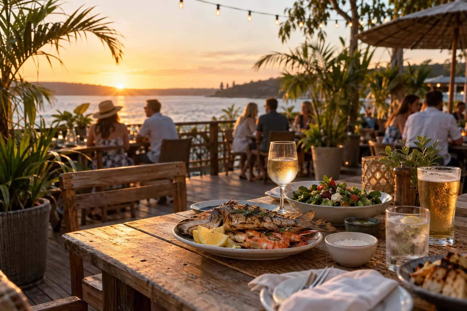 Grilled fish, prawns, salad and drinks on an outdoor deck at sunset