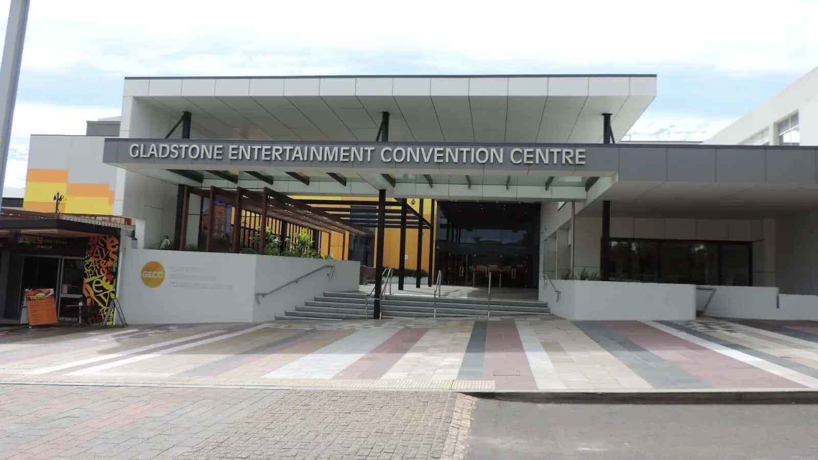 Front entrance of the Gladstone Entertainment Convention Centre on Goondoon Street