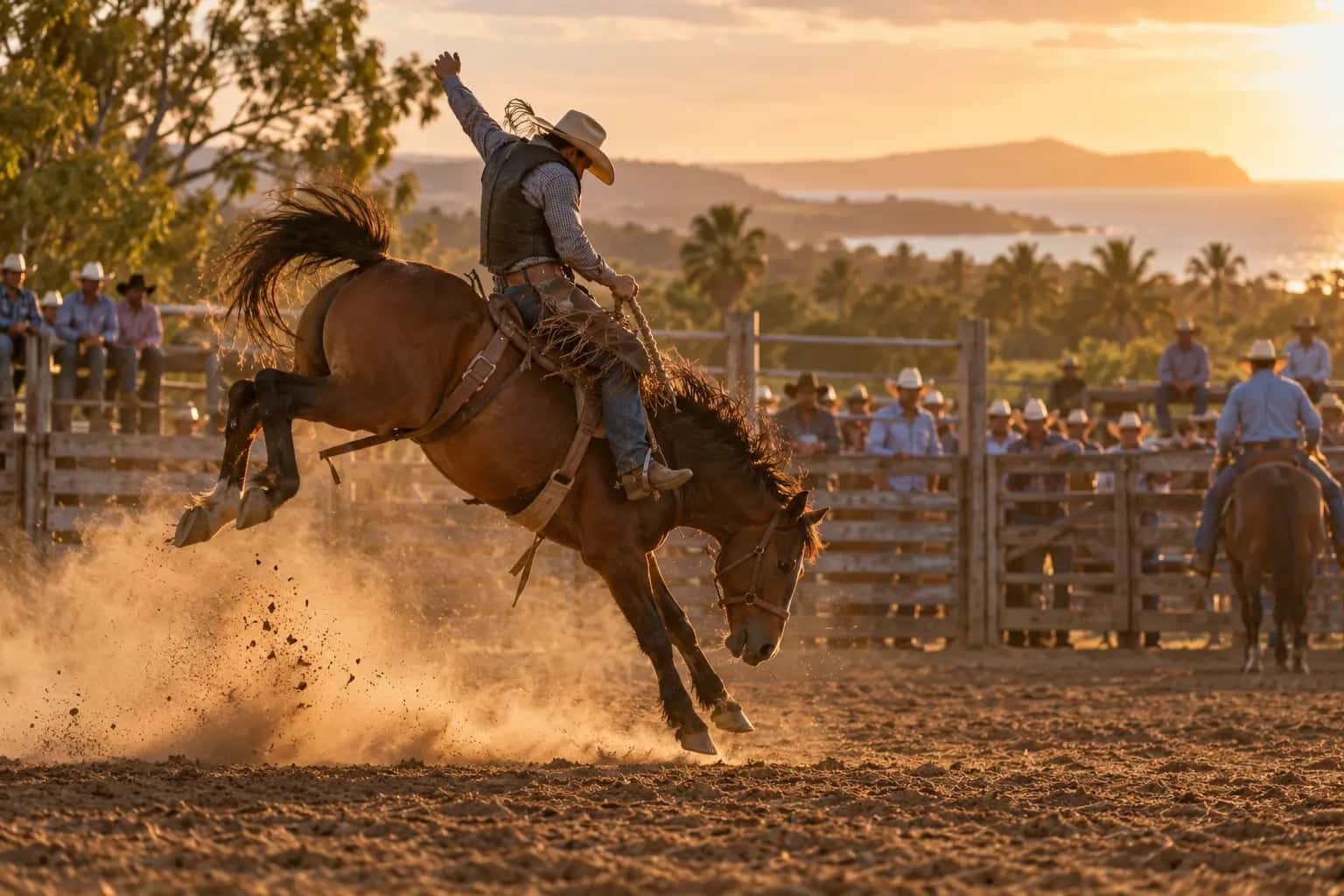 A rider on a bucking horse in a dusty rodeo arena with a crowd behind the rails